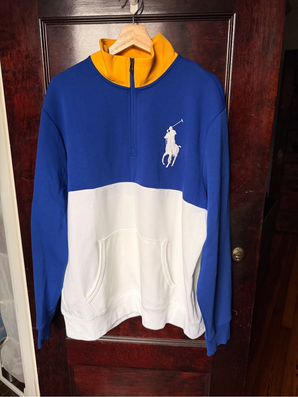 Ralph Lauren Blue White Quarter-Zip Pullover with Gold Collar